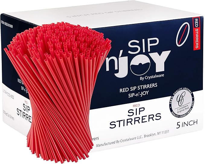 Crystalware Plastic Sip Stirrers, Cocktail and Coffee Stirrers, 5 Inch 1000/box, Red