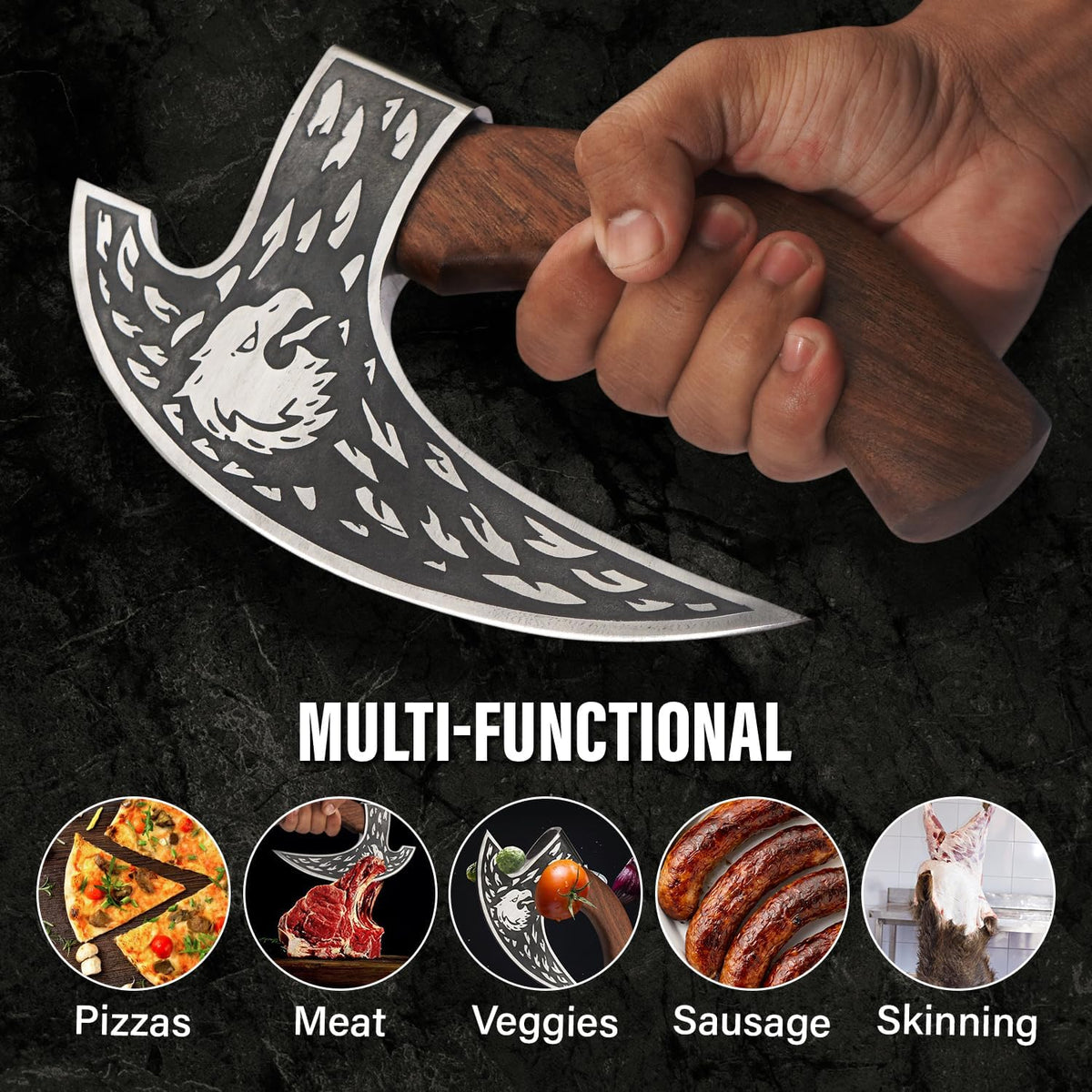 Edgelandknives® Multipurpose Viking Pizza Axe with Sheath, Viking Butcher Axe, Viking Pizza Cutter Axe - Rosewood Handle & Engraved Head - Perfect for Cutting Pizza, Meat, Vegetables