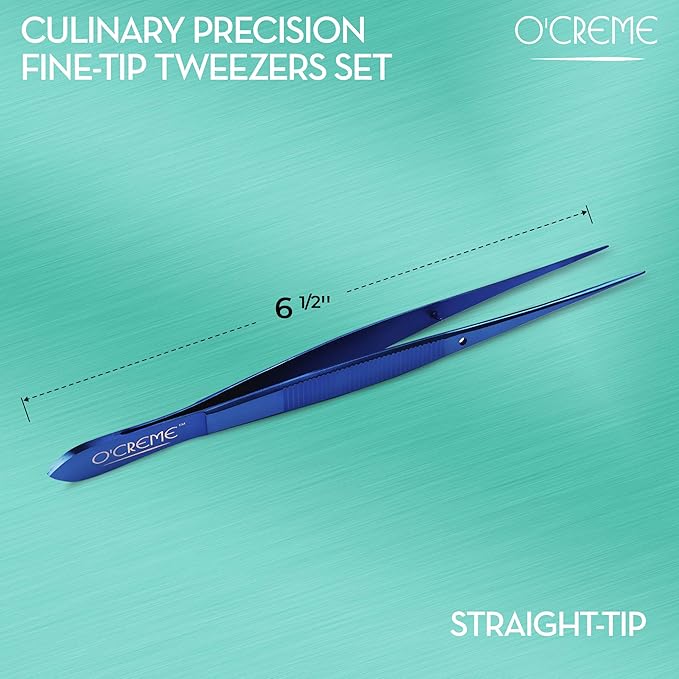 O'Creme Stainless Steel Precision Kitchen Tweezer Tongs 6.25" with Fine Tip (Blue)
