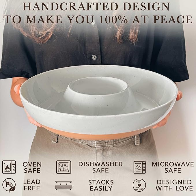 Mora Ceramic Chips and Dip Serving Tray: Large Divided Party Bowl Set for Chips & Salsa, Veggies & Dip, Fruit, Snacks, Entertaining, Hosting, etc. Minimalist Design for the Modern Hostess - Earl Grey