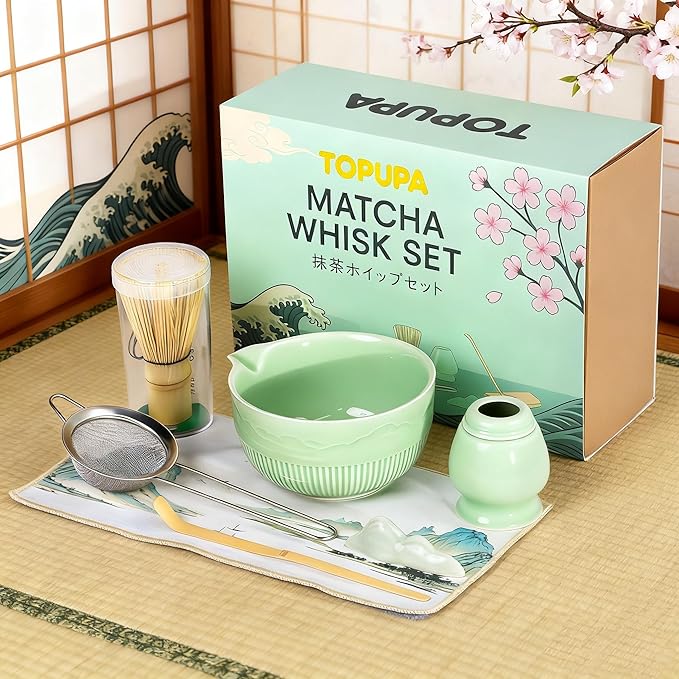 7PCs Matcha Whisk Set Traditional Japanese Green Matcha Kit with Whisk and Bowl Matcha Making Accessories Bamboo Chasen Tea Spoon Holder Sifter Tea Towel Ceremony Macha Tea Set for Beginners
