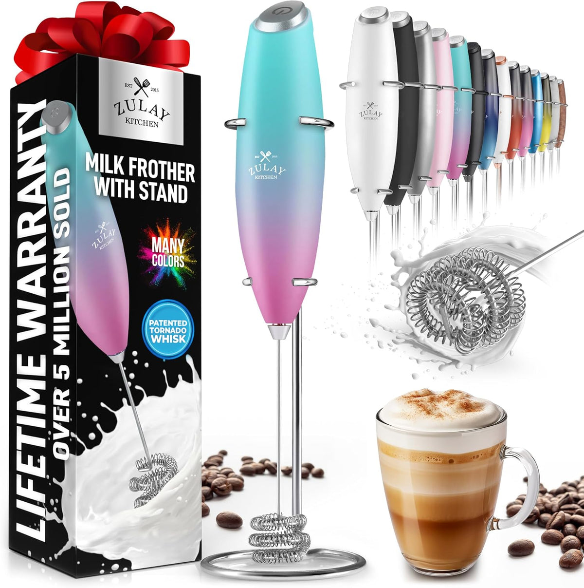 Zulay Kitchen Milk Frother with Patented Tornado Triple Whisk – Handheld Foam Maker for Coffee, Lattes, Matcha & Hot Chocolate – Rich, Creamy Froth in Seconds -