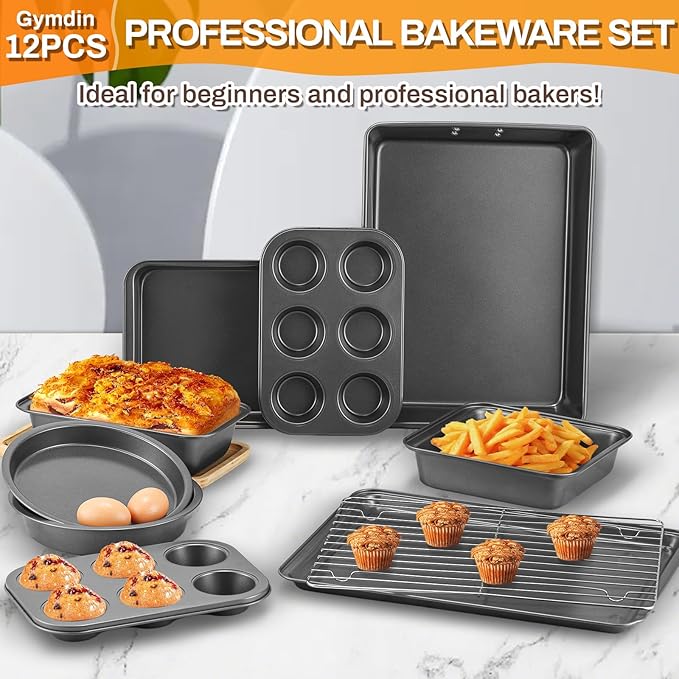 12PCS Nonstick Bakeware Set, Non-Toxic Carbon Steel Baking Pans Set with Wider Grip, Includes Roasting Pan, Cookie Sheet, Cake Pans, Muffin Pans, Cooling Rack, Oven Mitts, Easy Release