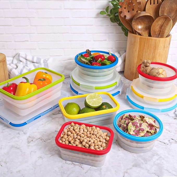 ECOBERI Collapsible Silicone Food Storage Containers, BPA Free, Microwave, Freezer and Dishwasher Safe, Lunch, Meal Prep, Travel, Space-Saving