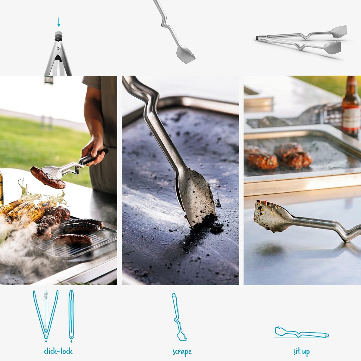 Dreamfarm BBQ Clongs Durable Barbecue Tongs with Click-Lock Open & Close, In-Built Sausage Prick & Cutter - 15" Stainless Steel