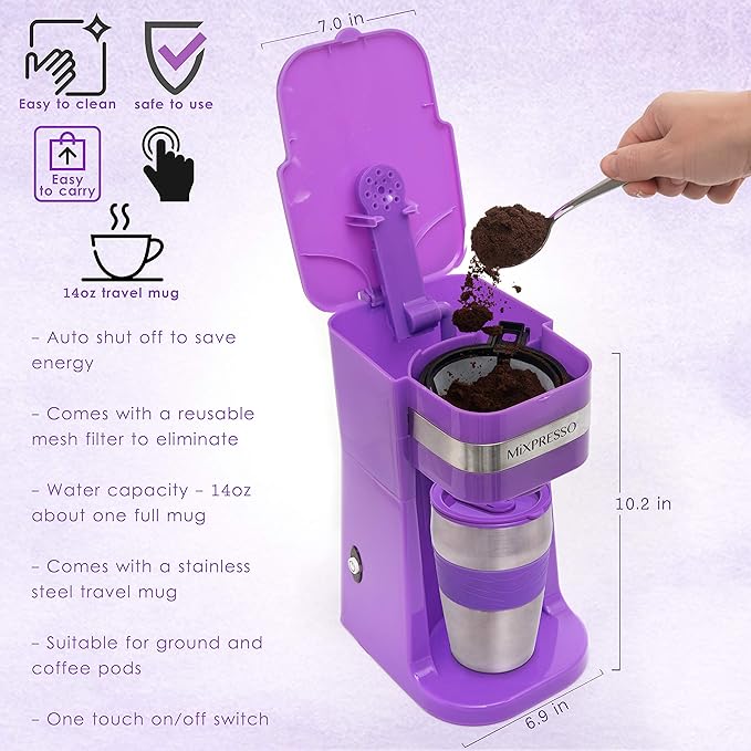 Mixpresso Purple Personal Single Serve Coffee Maker with 14oz Travel Mug, Drip Small Coffee Maker with Auto Shut Off, Reusable Filter, Works with Ground Coffee Only – Not for K-Cup Pods