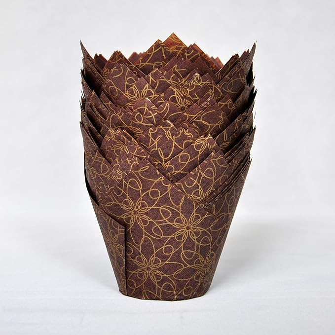 (JUMBO Large size) Brown Golden pattern Tulip Baking Cups 2-1/4"(Base diameter) x 3-3/4"(Wall height) Greaseproof paper Muffin liners, Case of 130 pcs
