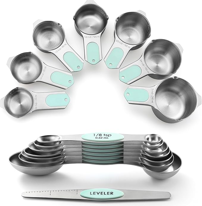 Spring Chef Magnetic Measuring Cups & Spoons Set, Patented, Strong N45 Magnets, Heavy Duty Stainless Steel Fits in Spice Jars for Baking & Cooking, BPA Free, Round Set of 15 with Leveler, Mint