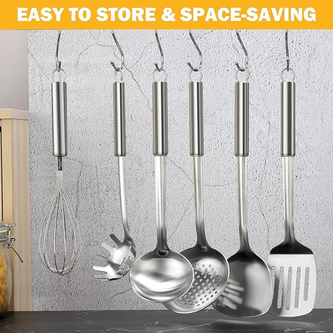 6-Piece Kitchen Cooking Utensils Set, Stainless Steel Kitchen Utensils with Suspendable Handle, Spatula, Slotted Turner, Soup Ladle, Slotted Spoon, Whisk, Pasta Server, Dishwasher Safe