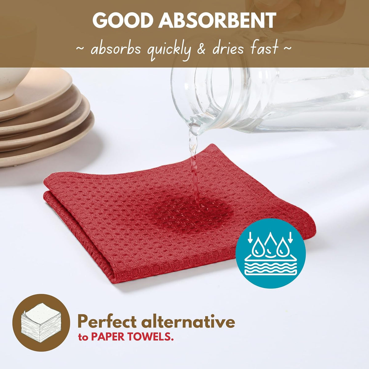 Native Fab Cotton Kitchen Towel with Hanging Loop 16x26 inches, 4-Pack, Waffle Weave Kitchen Towels for Cleaning Drying, Washcloths Soft & Absorbent Cloth Rags, Bar Towel, Dish Cloth, Red