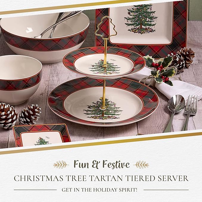 Spode Christmas Tree Tartan 2-Tiered Server, Holiday Cupcake Stand, Dessert Display Set, Earthenware Serving Platter, 10" & 8" Plates, Dishwasher Safe Serveware for Appetizers, Desserts, Cookies