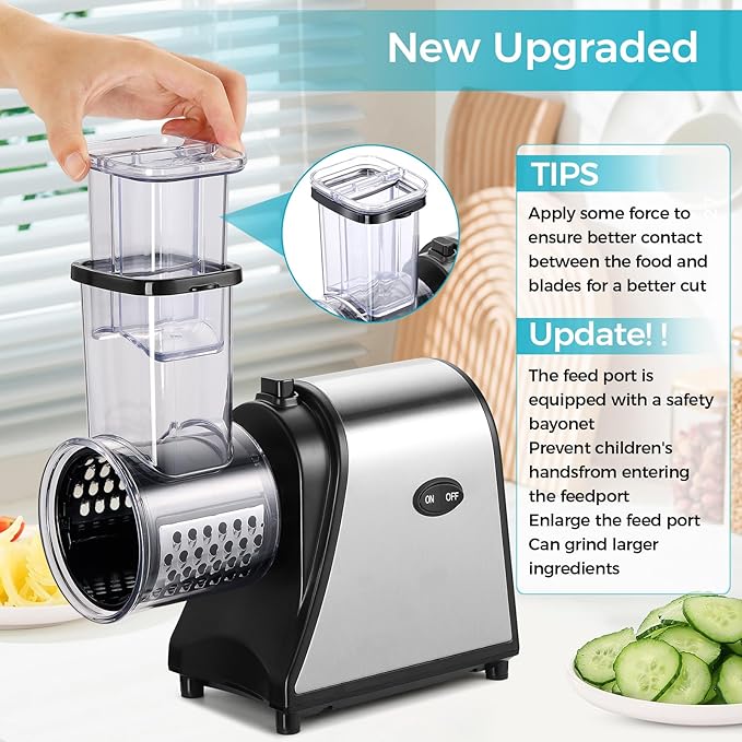 5-in-1 Electric Cheese Grater & Vegetable Slicer – 250W One-Touch Shredder with Stainless Steel Blades for Block Cheese, Vegetables, Fruits & Nuts