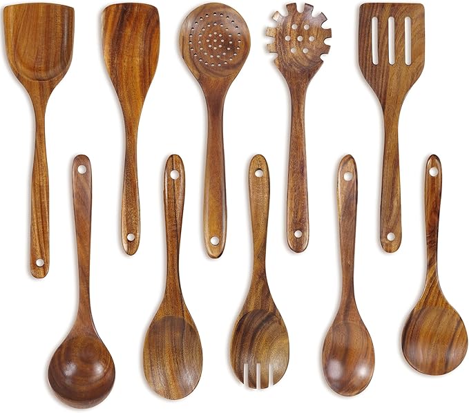 FJNATINH 10 PCS Wooden Spoons for Cooking - Teak Wooden Kitchen Utensil Set - Cooking Mixing Baking - Non-stick Healthy Kitchen Cookware Gifts for Women Housewarming Gifts