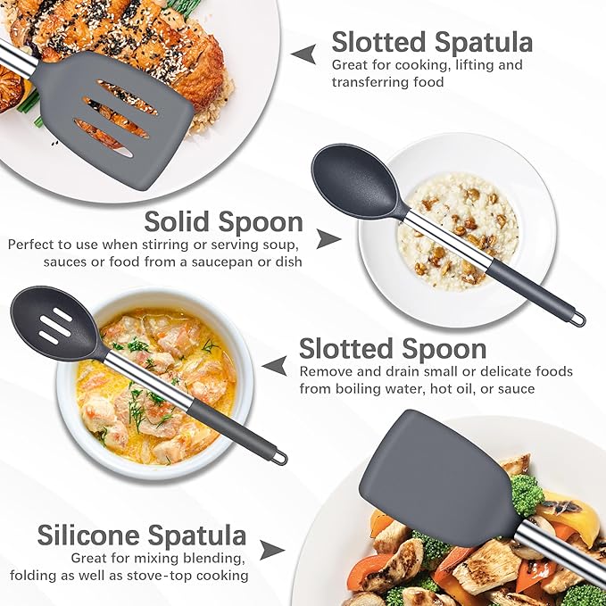 Silicone Spatula Spoon Set, 4 PCS Silicone Cooking Utensils Spatula Spoon Set with Stainless Steel Handle, BPA Free Kitchen Turners for Frying, Mixing, Serving, Draining, Turning, Stirring, Grey