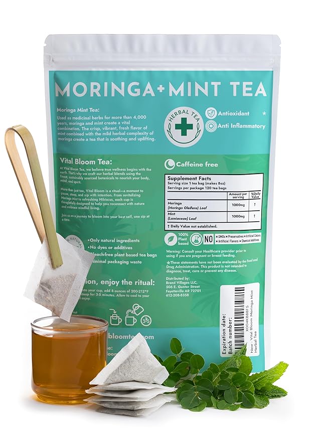 Vital Bloom Moringa Mint Tea, 120 Tea Bags, reduces inflammation, Bleach Free tea bags, Non GMO (Free Bamboo Tongs Included)