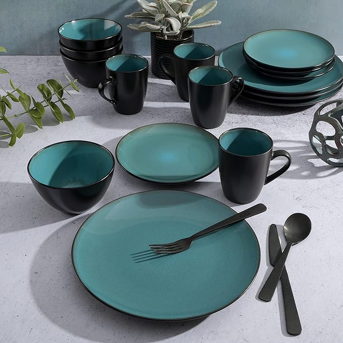 Gibson Elite Soho Lounge 16-Piece Round Reactive Glaze Stoneware Dinnerware Set, Service for 4 – Teal Plates and Bowls