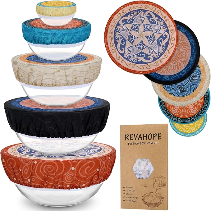 5-Size Reusable Beeswax Bowl Covers for Bread Proofing, Cotton Cloth Flexible Beeswax Wraps for Food Storage(Concentric Circle)