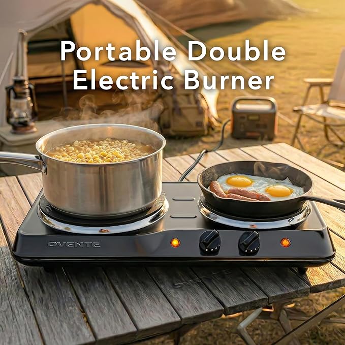 OVENTE Electric Countertop Double Burner, 1700W Cooktop with 7.25" and 6.10" Cast Iron Hot Plates, Temperature Control, Portable Cooking Stove and Easy to Clean Stainless Steel Base, Black BGS102B