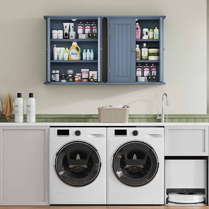 ChooChoo Bathroom Wall Cabinet, Over The Toilet Space Saver Storage Cabinet, Medicine Cabinet with 2 Door and Adjustable Shelves, Cupboard, Grey