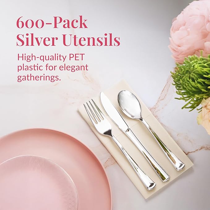 Prestee 600 Plastic Silverware Set, Silver Plastic Utensils, Disposable Flatware Set with Forks 200, Spoons, Knives, Heavy-Duty Bulk Silverwares for Christmas Parties and Events