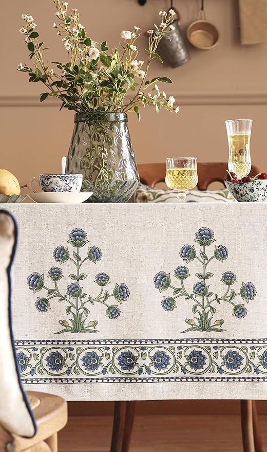 patdrea Designer Linen Vintage Long Blue Rectangle Tablecloth,Leaves Pattern Anti-Wrinkle Floral Table Cloth,Table Cover Cloth Decor for Kitchen Dining,Christmas,Thanksgiving,Party,63"x94"-Ivar B