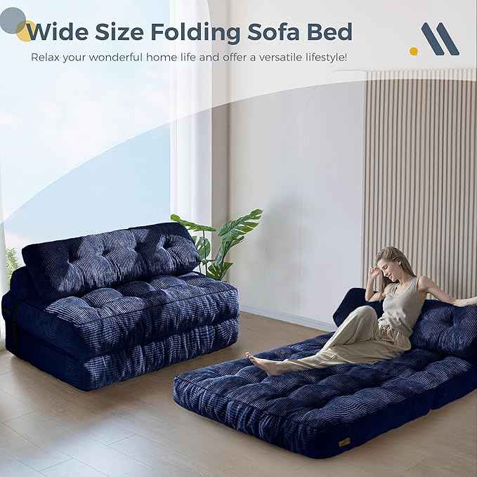 MAXYOYO Folding Sofa Bed, Convertible Sleeper Chair with Pillow Foldable Matress with Back Support, Portable Fold Out Chair Bed Comfy Floor Sofa Lounge for Living Room Bedroom, Navy Double