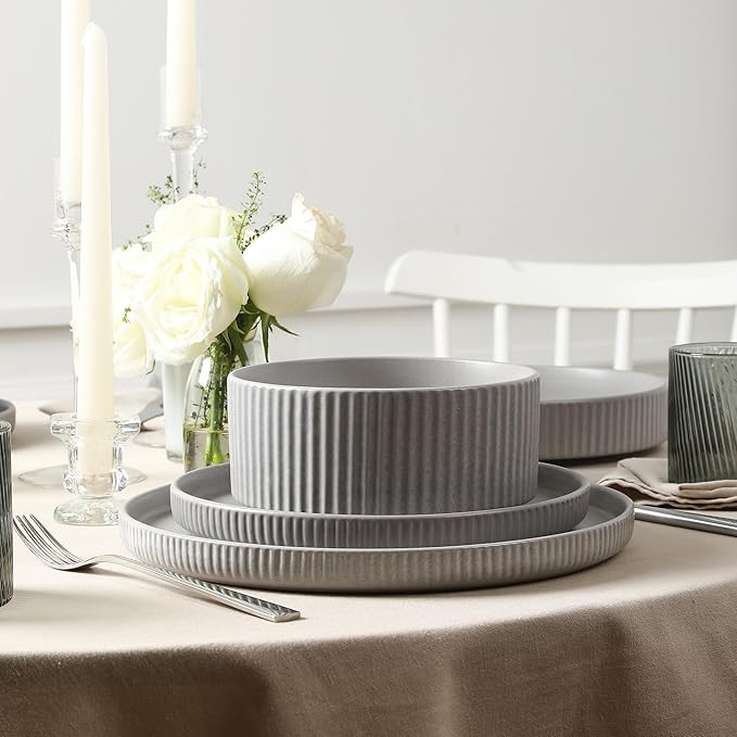 Stone Lain Haven Modern Stoneware 4 Piece Pasta Bowls Sets, Dish Set for 4, Reactive Glaze Grey
