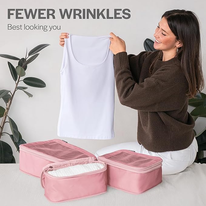 Aerotrunk Compression Packing Cubes for Travel - Luggage Organizer Bags - Double Zipper Packing Cubes for Suitcases (4-Pack, Rose)