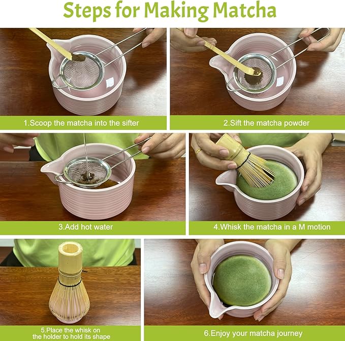 Matcha Whisk Set 6 pc Kit - Traditional Japanese Chasen, Bamboo Whisk Holder, Ceramic Bowl with Spout, Sifter & 2 pc Spoons - matcha kit set, Gift for Matcha Tea Lovers(Pink)