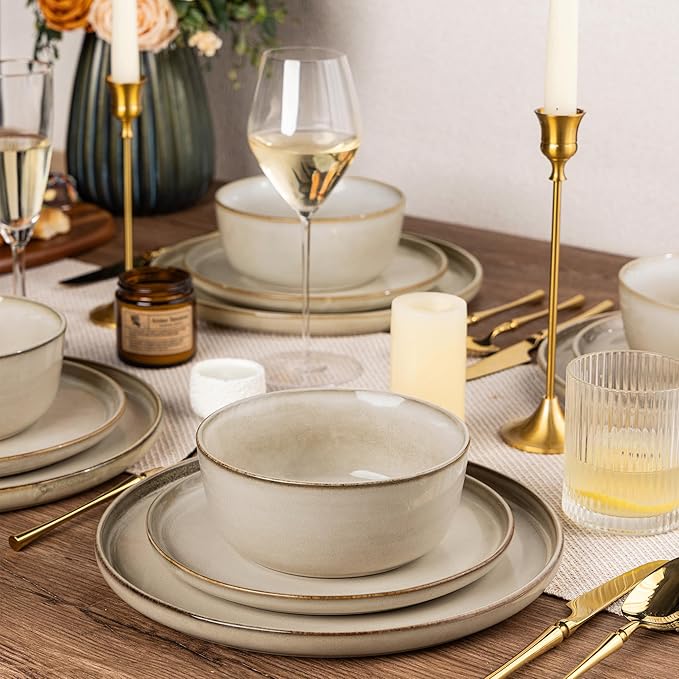 AmorArc Stoneware Dinnerware Sets,Round Reactive Glaze Ceramic Plates and Bowls Sets,Highly Scratch Resistant | Microwave & Dishwasher Safe,Cappuccino,Service for 8 Dishes Set