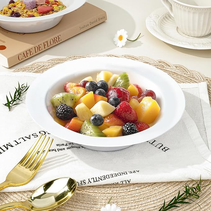 BESTVIP 50Pcs Plastic White Bowls, 12 Oz Disposable Bowls Disposable Bowls for Parties, Wedding, Christmas, Thanksgiving, Soak Proof Bowls for Breakfast, Lunch, and Dinner Meals