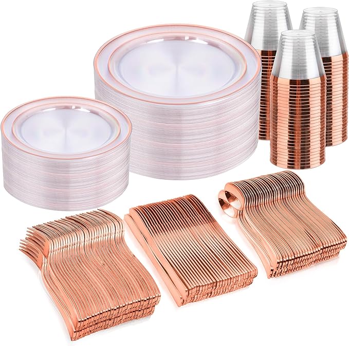 bUCLA 300PCS Clear Rose Gold Plastic Dinnerware - Rose Gold Disposable Dinnerware Set Include 50 Dinner Plates,50 Dessert Plates,50 Knives,50 Forks,50 Spoons,50 Cups for Party, Wedding & Mother’s Day