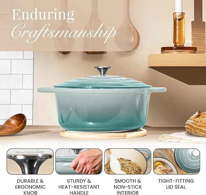 Nuovva Enamelled Cast Iron Dutch Oven Pot with Lid 6.4 Quart Non Stick Casserole Pot – Heavy Duty & Oven Safe up to 500° F for Bread Baking, Braising, Stews, Roasting – 28cm Sea Salt
