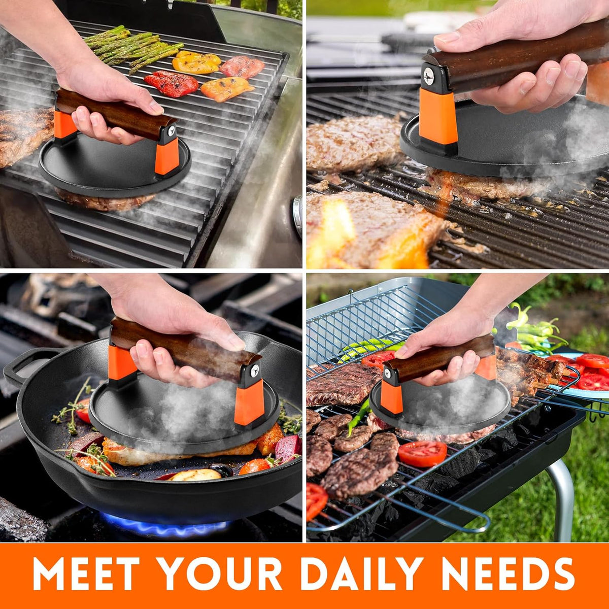GGC Smash Burger Press, Cast Iron Bacon Press for Hamburger, Steak, Bacon, Sandwiches, 7" Round Meat Press with Wooden Handle for Grill and Griddle Cooking(10Pcs Patty Paper)