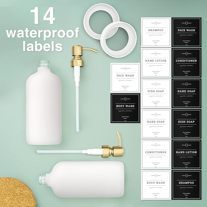 Vine Creations White Glass Soap Dispenser, 2 Pack Kitchen Soap Dispenser Set with Stainless Steel Pump, 16 oz Dish Soap and Hand Soap Dispensers for Bathroom with Waterproof Labels