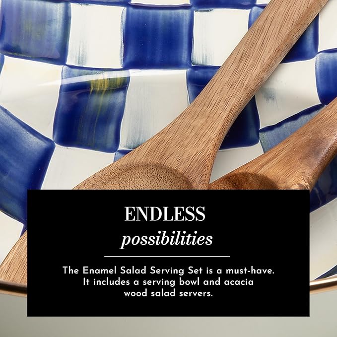 MACKENZIE-CHILDS Enamel Salad Serving Set, Enamel Bowl and Wooden Salad Servers, Decorative Kitchen Set, Blue-and-White Royal Check
