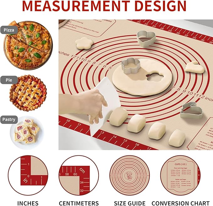 Non Stick Silicone Pastry Mat, Dough Mat for Rolling, Food-grade Reusable Baking Mat Fondant Mat Nonslip Kitchen Mat for Counter Oven Mat for Making Cookies Macarons Bread Pizza