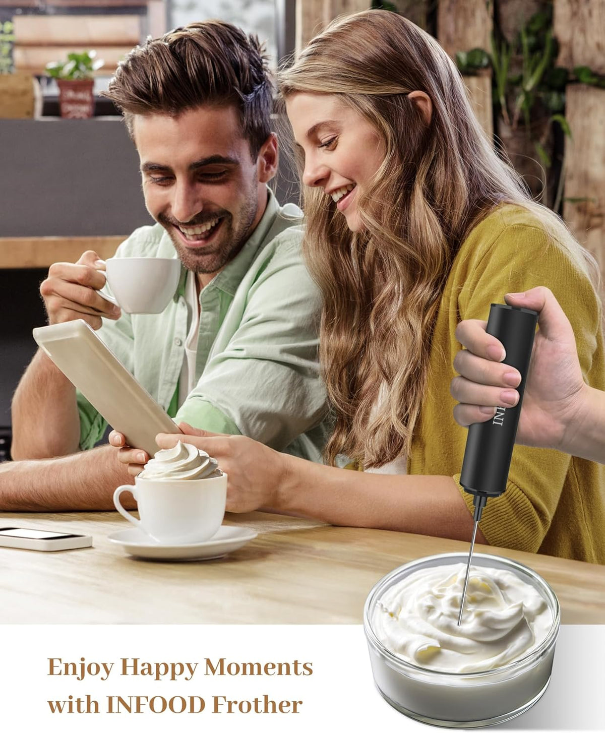 Milk Frother Rechargeable with Cover - Coffee Frother Wand, Drink Mixer Handheld with 2 Detachable Stainless Whisks 2 Speed Adjustable for Latte, Cappuccino, Hot Chocolate, Egg, Black