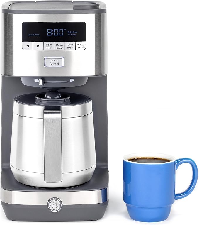 GE Drip Coffee Maker With Timer | 10-Cup Thermal Carafe Coffee Pot Keeps Coffee Warm for 2 Hours | Adjustable Brew Strength | Wide Shower Head for Maximum Flavor | Kitchen Essentials | Stainless Steel