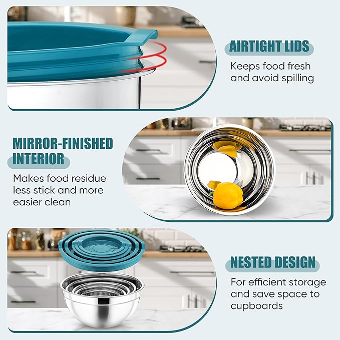P&P CHEF Mixing Bowls with Airtight Lids Set of 5, 10-Piece Stainless Steel Mixing Nesting Bowl, Metal Bowl with Lid for Kitchen Prepping & Storing, Size 4.6, 3, 1.5, 1, 0.7 QT, Blue