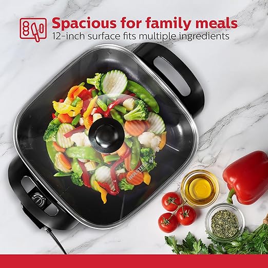 Holstein Housewares 12-Inch Electric Skillet - 1400W Electric Pan with Adjustable Temperature Control, PFOA-Free Non-Stick Coating, Cool-Touch Handles, Multi-Function Cooker, Black