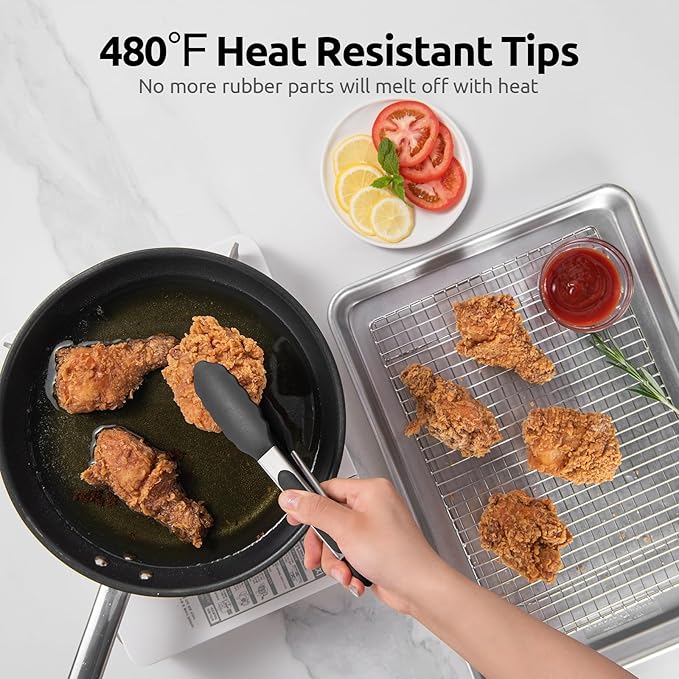 Heat Resistant Silicone Kitchen Tong: U-Taste 9 inch 480ºF Hot Proof Cooking Tong with Firm Sealed Non Stick Rubber Tips & Silicon Coated Steel Handle & Smooth Locking for Serving Grill Salad (Black)
