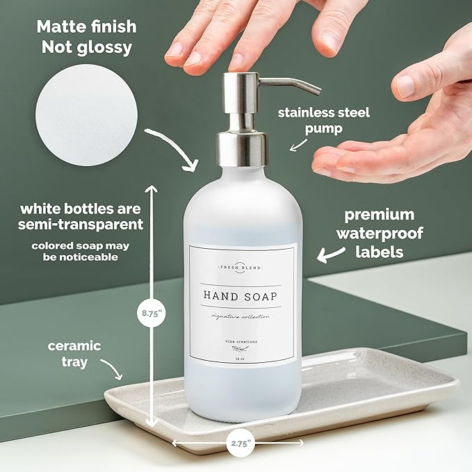 Vine Creations Glass Soap Dispenser, 2 Pack Kitchen Soap Dispenser Set with Ceramic Tray, Stainless Steel Pump, Dish Soap and Hand Soap Dispensers for Bathroom or Kitchen Decor with Waterproof Labels