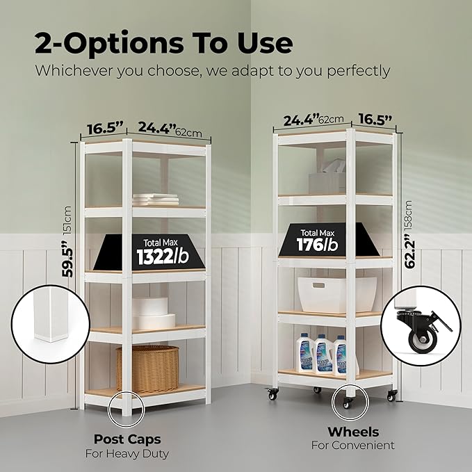 HOMEDANT House White 5-Tier Metal Rolling Cart Shelf Rack Casters Heavy Duty Wheel Shelving Unit Adjustable Utility Storage Shelves Organizer Shelf Kitchen Garage 24.4" W x 16.5" D x 62.2" H 4Pack