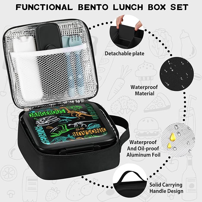 Bento Lunch Box for Kids With 8oz Soup thermo,Leak-proof Lunch Containers with 5 Compartment,thermo Food Jar and Lunch Bag, Food Containers for School (A-Black(Dinosaur Fossil))