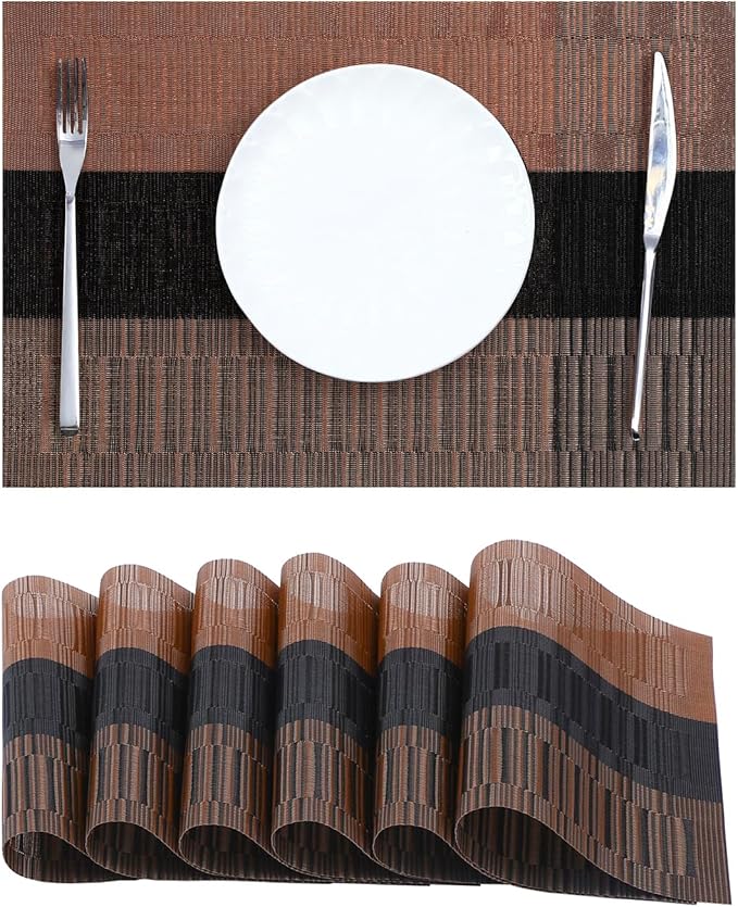 Leetaltree Brown with Black Striped Placemats Set of 6 - Heat Resistant Non-Slip Place mats for Dining Table, Washable Durable PVC Vinyl Woven Table Mats（Brown Stripe, 6）