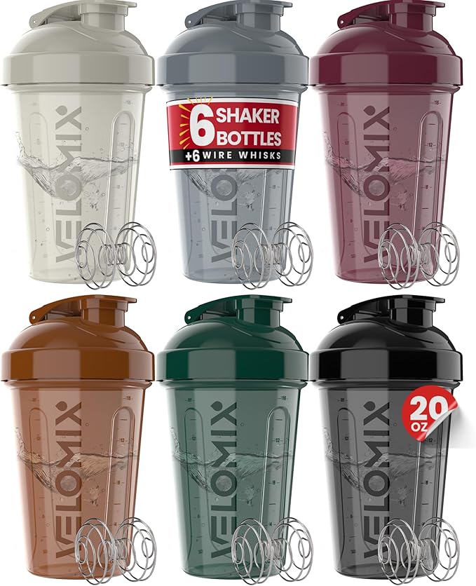 VELOMIX -6 PACK- Shaker Cups for Protein Shakes 20 oz - 6x Wire Whisk | Leak Proof Protein Shaker Bottle for Protein Shakes, Shaker Bottle Pack for Pre & Post Workout, Shaker Cup (Mood Tones)