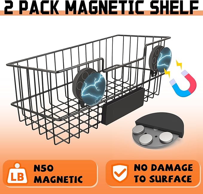 ULIBERMAGNET Magnetic Baskets, Large Capacity Metal Wire Mesh Basket Holder Organizer for Sundry Tool Storage, Magnetic Shelf for Garage, Laundry, Kitchen, Workshop, Cabinet(2 Pack)