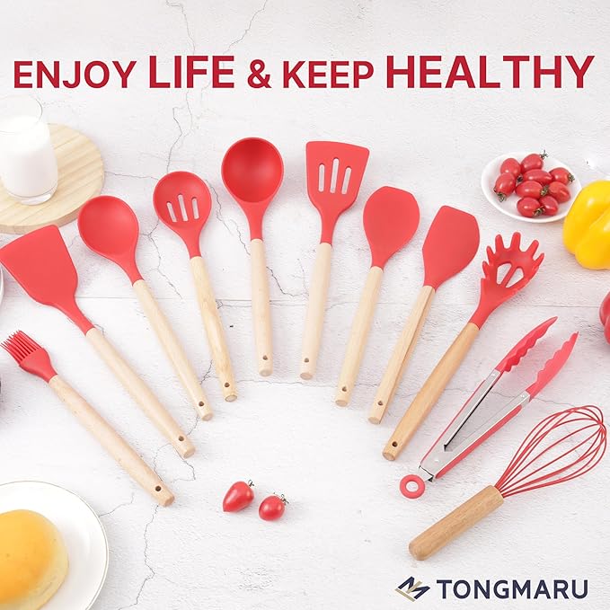 Silicone Cooking Utensils Set, Premium Beech Wood Handle Kitchen Gadgets Utensil Set, Non-Stick Kitchen Utensils Spatula, Tongs, Turner, Whisk, Brush, Spoon, BPA FREE, 446°F Resistant (Red)