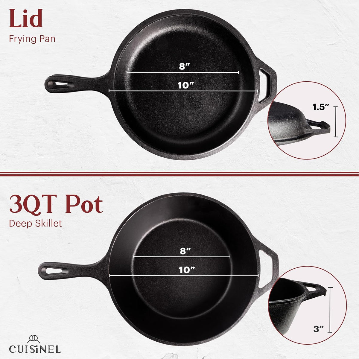 Cuisinel Cast Iron 2-In-1 Multi Cooker - 3-Quart Dutch Oven and Skillet Lid Set Oven Safe Cookware + Black Pan Scraper - Use As Dutch Oven and Frying Pan - Indoor and Outdoor Use - Grill, Stovetop